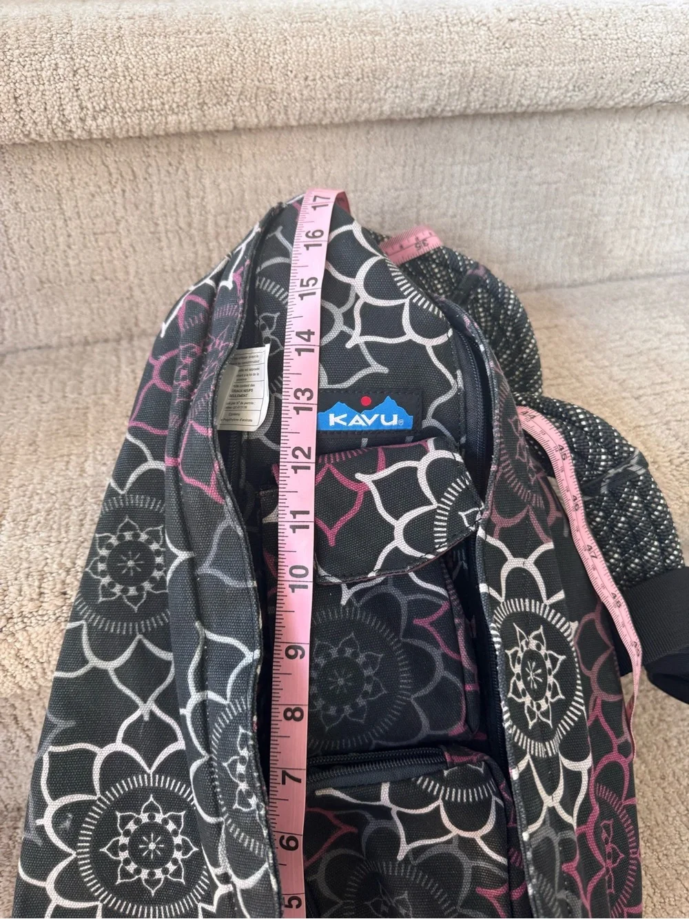 Kavu Black Sling Bag with Pink & Gray Floral Pattern